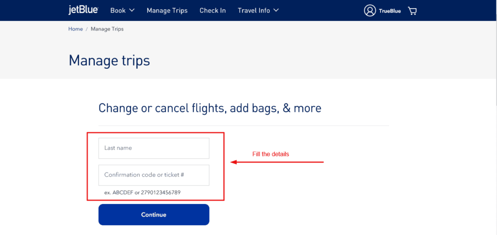 JetBlue Airlines Manage Booking Section