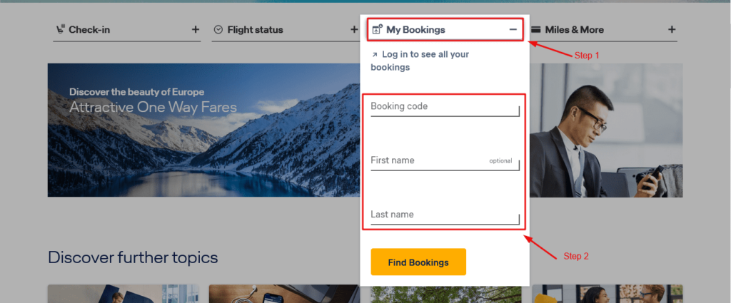 Manage Booking Section on Lufthansa