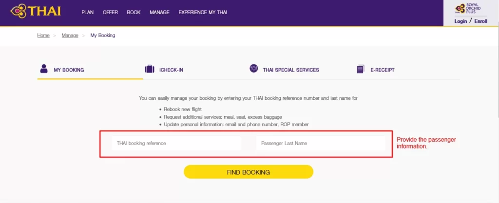 Thai Airways Manage Booking Section
